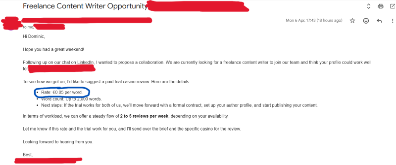 This proposal is far below my rate - I  usually charge $0.14 per word for my iGaming content services