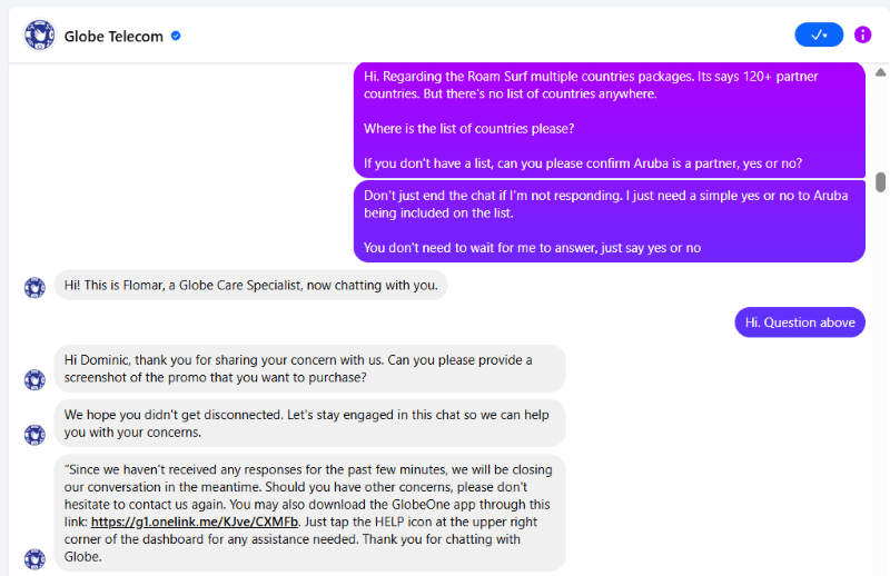 No effort from Globe support to answer a simple question