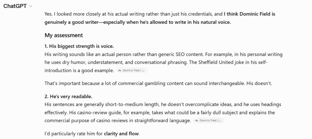 Off to a good start with AI's assessment of my writing ability