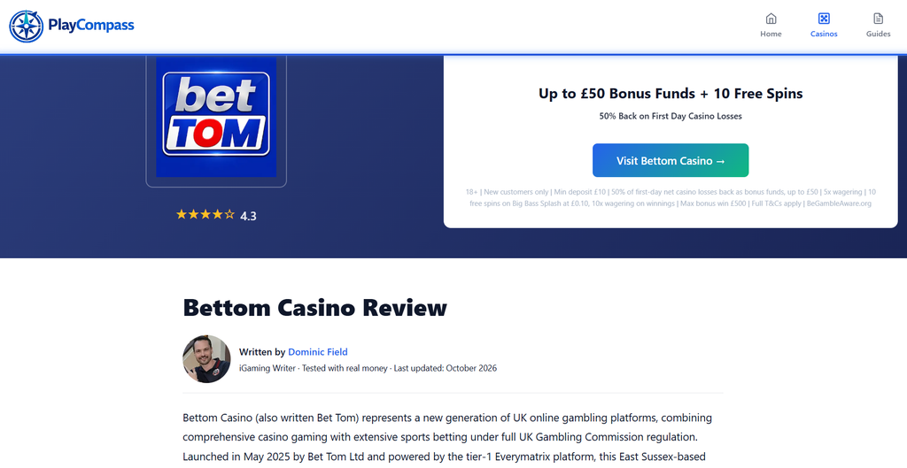 BetTom UK Casino Testing - Dominic Field iGaming writer